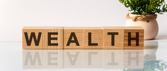 WEALTH message word on a wooden desk on cube blocks with a flower on background. Blocks with the word wealth, white background.