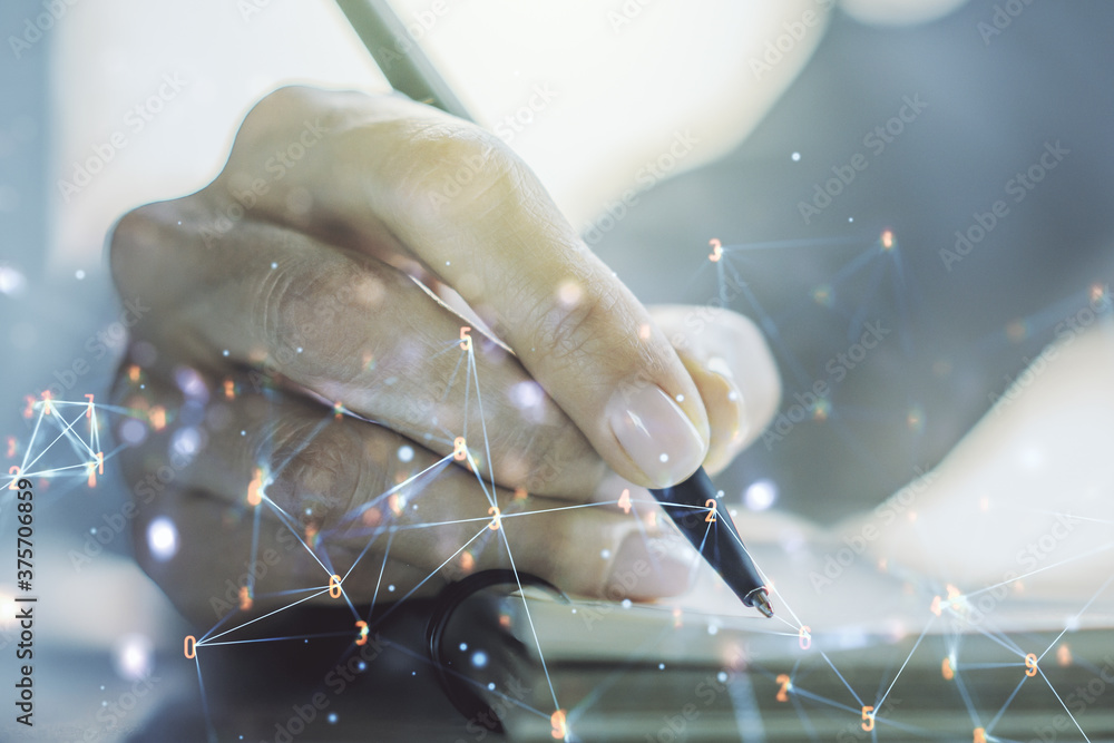 Aufkleber Creative concept of wireless technology and woman hand writing in notebook on background. Big data and database concept. Multiexposure