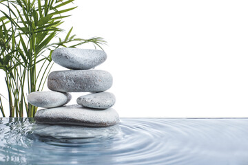 Fototapeta na wymiar Stack of spa stones and tropical branches in water on white background