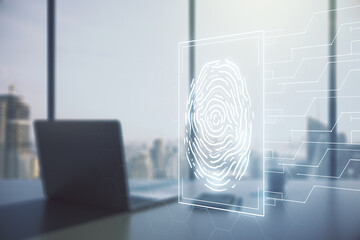 Multi exposure of abstract creative fingerprint illustration and modern desktop with computer on background, digital access concept