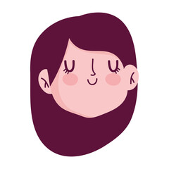 young girl female cartoon face black hair, isolated icon white background