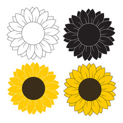Sunflower blossom set in different styles