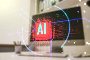 Double exposure of creative artificial Intelligence abbreviation and modern desk with computer on...