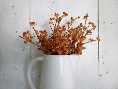 A white vase full of dried fall berries, leaves and sticks for interior decorating
