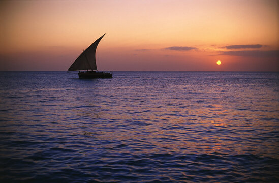 Dhow at sunset, Zanzibar, Tanzania