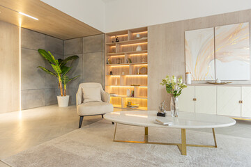 modern interior design of the living area in the studio apartment in warm soft colors. decorative...