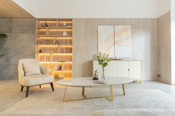 modern interior design of the living area in the studio apartment in warm soft colors. decorative...