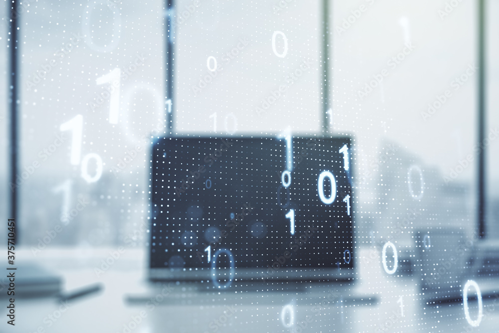 Poster creative concept of binary code illustration on modern laptop background. big data and coding concep
