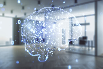 Obraz premium Double exposure of creative artificial Intelligence interface on modern corporate office background. Neural networks and machine learning concept