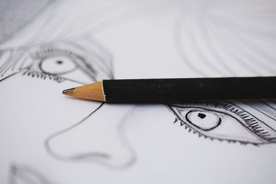 Close up of drawing and pencil on sketch book