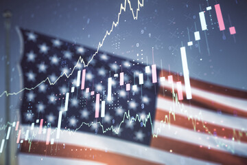 Double exposure of virtual creative financial diagram on US flag and blue sky background, banking and accounting concept