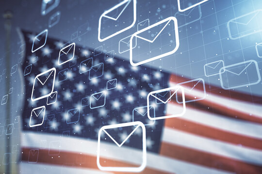 Abstract virtual postal envelopes illustration on US flag and blue sky background. Email and communications concept. Multiexposure