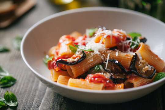 Pasta alla Norma. A typical Italian dish with eggplant and tomato.