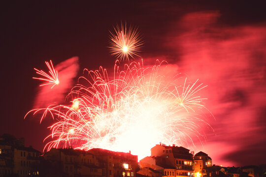 Fireworks over buildings