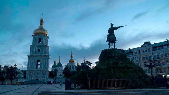 Saint Sophia Cathedral And The Bohdan Khmelnytsky Monument in Kiev, Ukraine