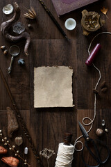 autumn themed collection of curiosities flat lay mockup with copyspace, witchy things on desk with room for copy or art mock up