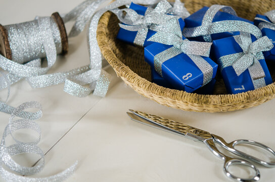 blue gifts and silver ribbon