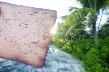 A hand drawn treasure map on a deserted tropical island