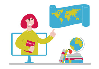 Online geography teacher with world map on computer monitor. Remote learning lesson or webinar. Distance education, homeschooling concept. Vector illustration in flat style