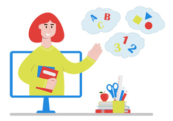 Online teacher of primary elementary school on computer monitor with letters, numbers, shapes. Distance education, remote lessons and homeschooling concept. Vector illustration in flat style