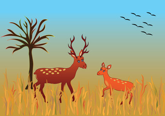 Naklejka premium Autumn season themed deer in nature and flying birds in vector format and jpg. Colorful fall background with deer in the open.