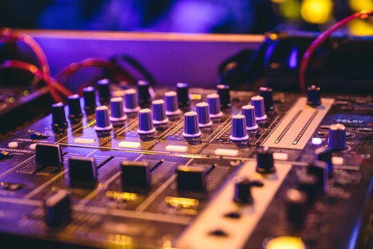 Detail of the controls of a DJ set on a nightclub