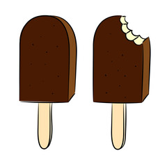 Chocolate Popsicle icon. Ice cream with chocolate icing on a stick. Vector sketch Doodle