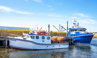 Fototapeta premium boat, ocean, lobster, fish, fishing, eco, float, coast, beach, tourism, water, cage, Canada, green, travel, summer, trap, bay, cloud, beautiful, holiday, coastline, mountains, Nova Scotia