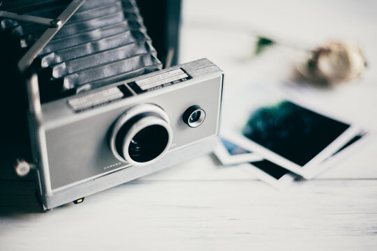 Old camera, rose and Polaroid