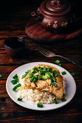 Rice with scrambled eggs, chicken and green onion