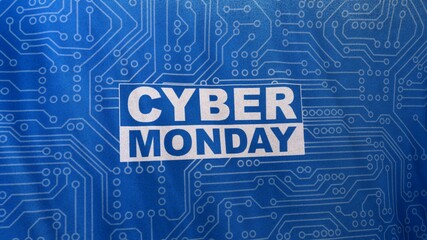 Cyber Monday concept banner in fashionable promotion flag style, sized for Social Media formats. Waving cloth signboard, circuit board design advertisement of sales rebates of Cyber Monday. Looped 3D 