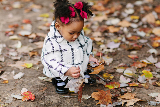 A little girl picking up falling leaves from the ground in a park