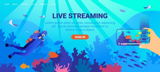 Live streaming vector illustration. Cartoon flat online broadcasting livestreaming channel service concept with streamer scuba diver character exploring waters of sea depth, broadcast underwater world