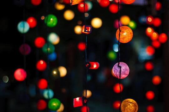 Colorful strings of lights at night