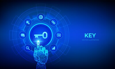 Key. Keyword. Key to success or solution. Turnkey solution and services technology concept on virtual screen. Robotic hand touching digital interface. Vector illustration.