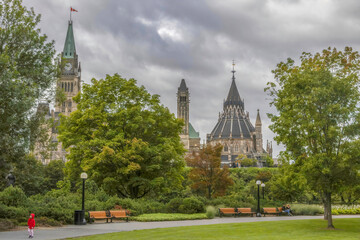View of the Canadian Parliament Buildings Peace Tower and Parliamentary Library from Major's Hill...