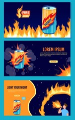 Energy drink flame can vector illustration. Cartoon flat energetic drink promotion banner design collection with man character drinking burning in fire tonic, soda or alcoholic flaming effect beverage