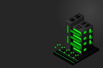 Smart city. Futuristic buildings on an abstract ultraviolet background. Modern vector illustration isometric style.