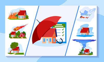 Insurance vector illustration. Cartoon flat umbrella protecting real estate household building against natural disaster damage, stormy weather. House accident protection insurance service background © Seahorsevector
