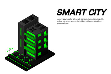 Smart city. Futuristic buildings on an abstract ultraviolet background. Modern vector illustration isometric style.