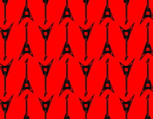 Electric Guitar V form repetition pattern over red background. Music, instruments and rock concept
