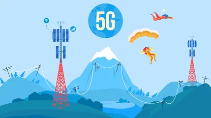 Poster 5G antenna tower communication vector illustration. Cartoon flat nature mountain landscape with 5G towered station receiver telecommunication equipment for internet network wireless signal background © Seahorsevector