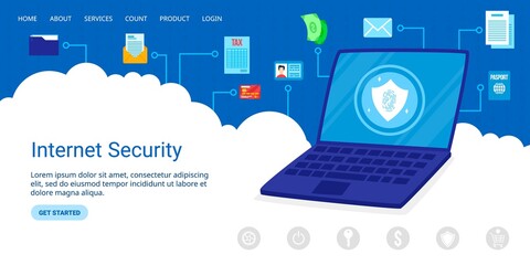 Internet data security vector illustration. Cartoon flat interface website design with laptop, database protect symbols, secure confidential cyber technology and privacy data protection background
