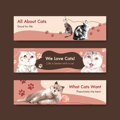 Cute cats banner template design for advertise and marketing watercolor illustration