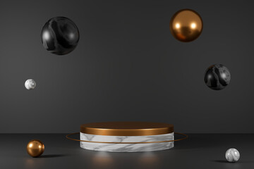 3d render empty marble and copper podium on black background.