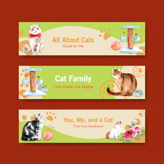 Cute cats banner template design for advertise and marketing watercolor illustration