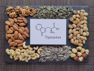 Structural chemical formula of tryptophan amino acid molecule with foods rich in tryptophan....