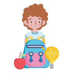 happy teachers day, student boy rucksack apple and bulb idea