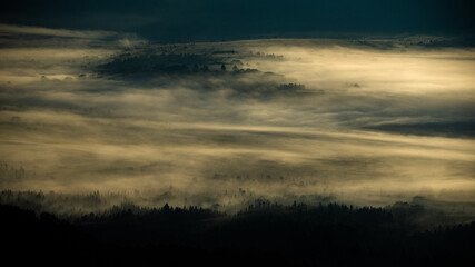 Sunrise over the mountain forest. Bieszczady National Park. Carpathian Mountains. Poland.