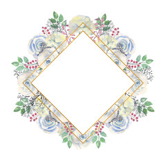 Blue rose flowers, green leaves, berries in a gold geometric frame. Wedding concept with flowers. Watercolor compositions for the decoration of greeting cards or invitations